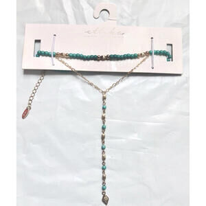 NWT Ettika Anthropologie Turquoise Blue Gold Beaded Choker Charm Chain 10" L